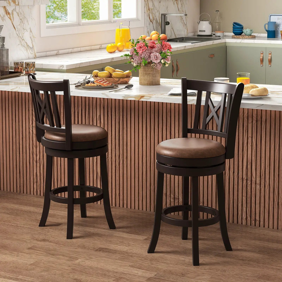 Set of 2 Bar Stools Swivel Bar Chairs with Footrest and Hollowed Backrest, photo 3 of 16