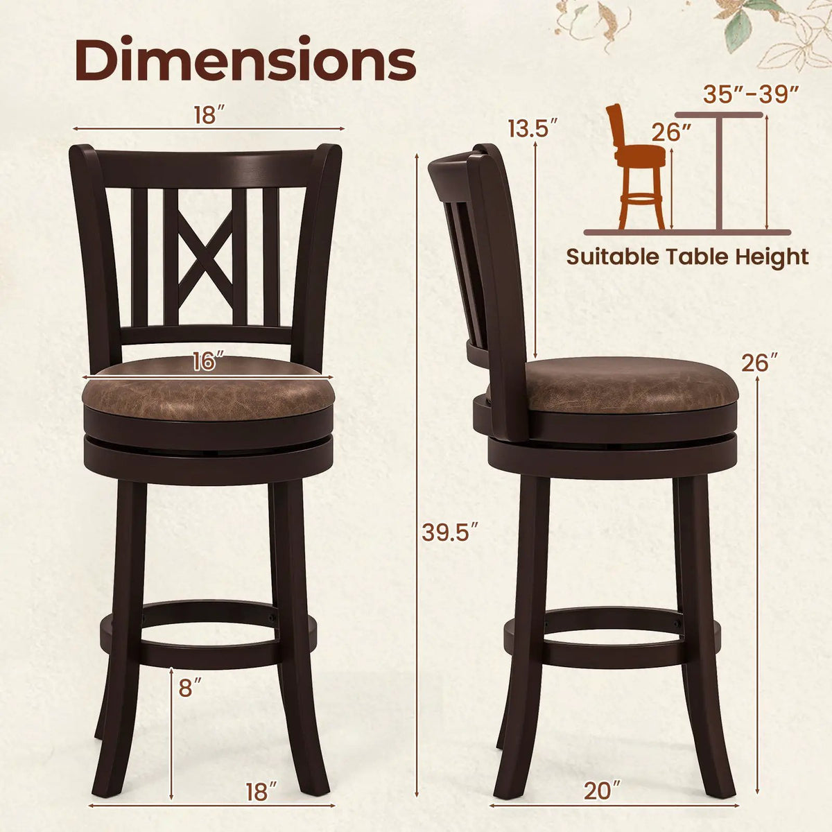 Set of 2 Bar Stools Swivel Bar Chairs with Footrest and Hollowed Backrest, photo 7 of 16