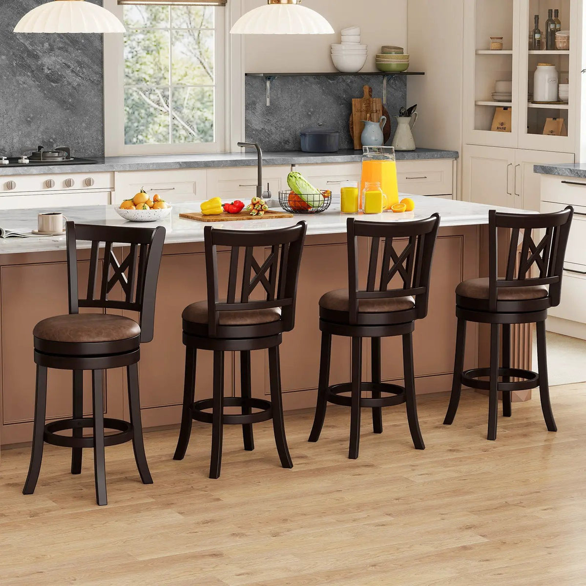 Set of 2 Bar Stools Swivel Bar Chairs with Footrest and Hollowed Backrest, photo 9 of 16