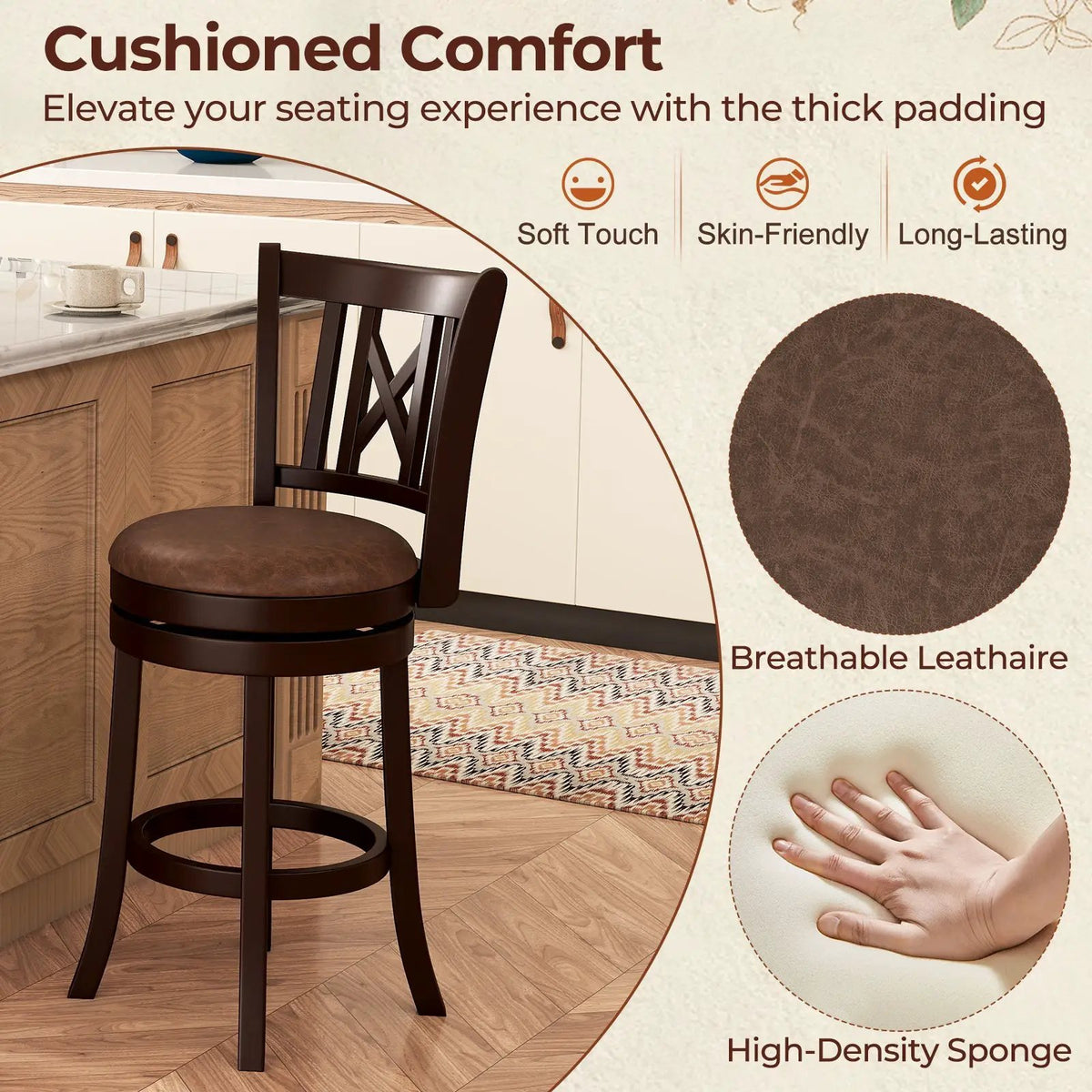 Set of 2 Bar Stools Swivel Bar Chairs with Footrest and Hollowed Backrest, photo 13 of 16