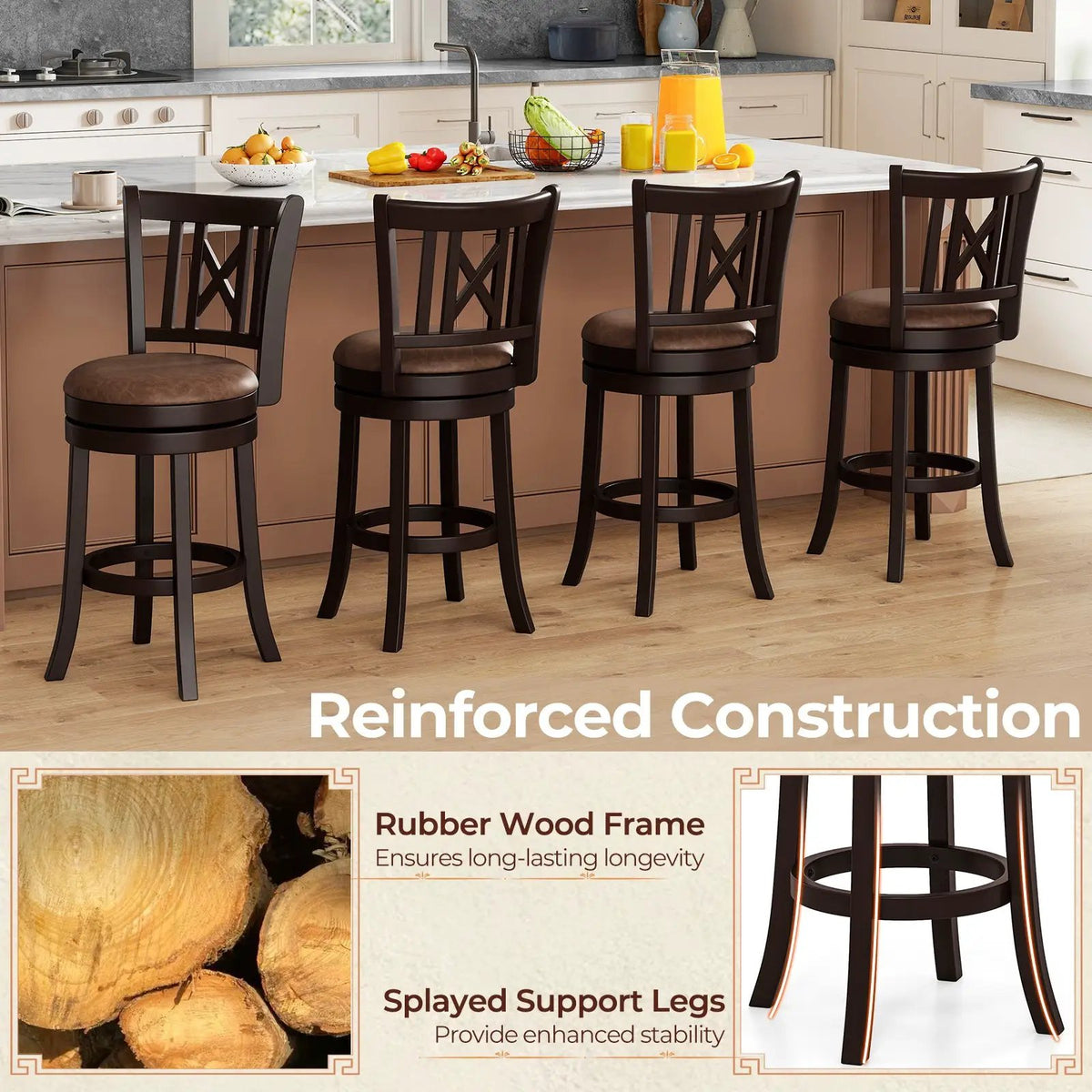 Set of 2 Bar Stools Swivel Bar Chairs with Footrest and Hollowed Backrest, photo 15 of 16