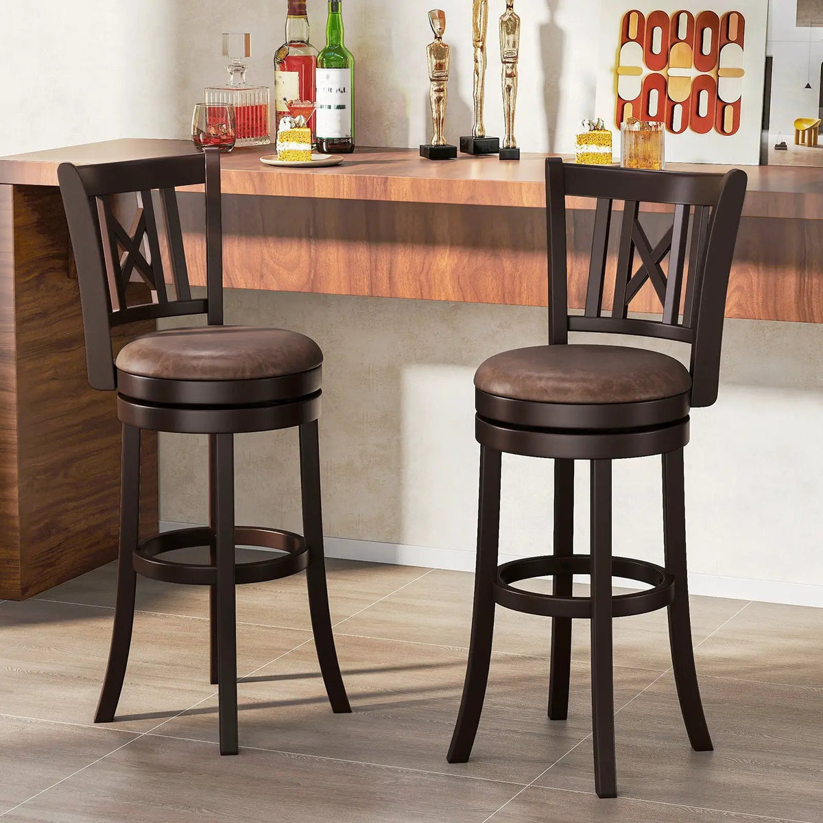Set of 2 Bar Stools Swivel Bar Chairs with Footrest and Hollowed Backrest, photo 2 of 16