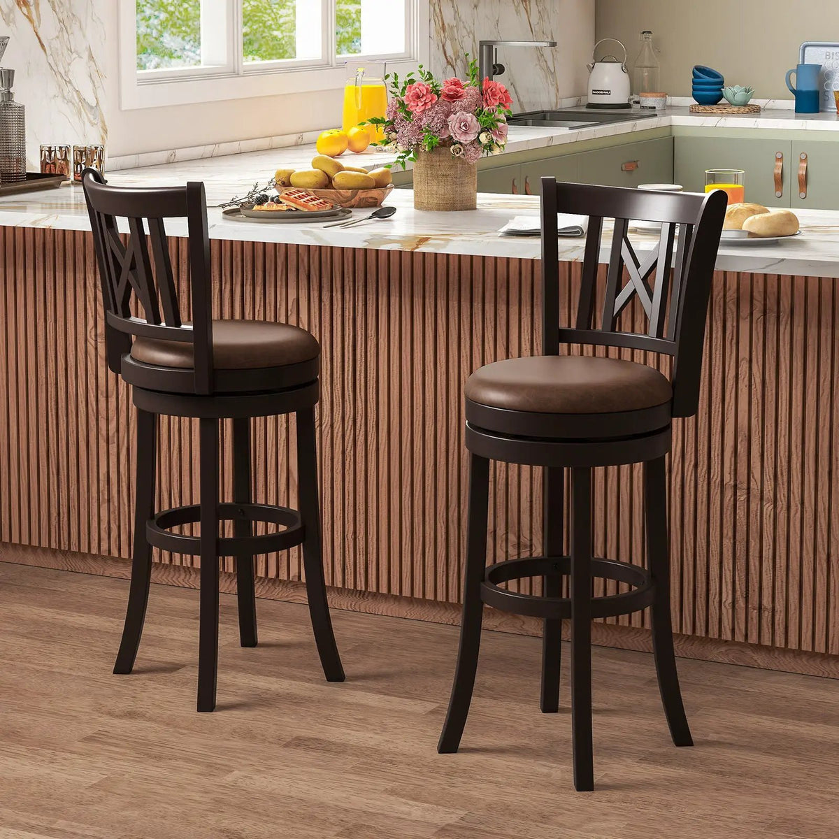Set of 2 Bar Stools Swivel Bar Chairs with Footrest and Hollowed Backrest, photo 4 of 16