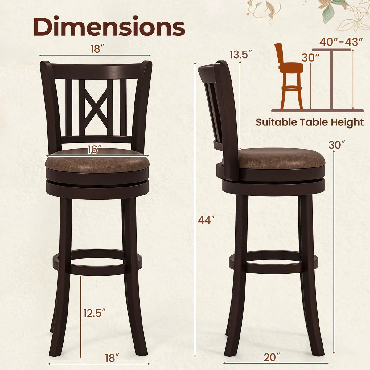 Set of 2 Bar Stools Swivel Bar Chairs with Footrest and Hollowed Backrest, photo 8 of 16