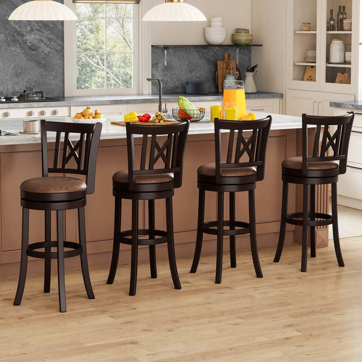 Set of 2 Bar Stools Swivel Bar Chairs with Footrest and Hollowed Backrest, photo 10 of 16