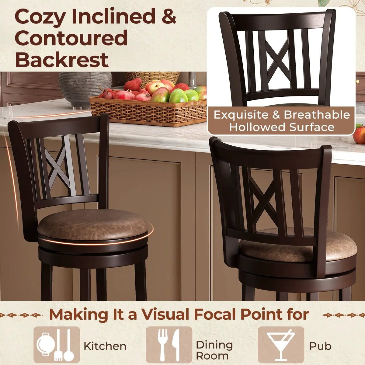 Set of 2 Bar Stools Swivel Bar Chairs with Footrest and Hollowed Backrest, photo 12 of 16