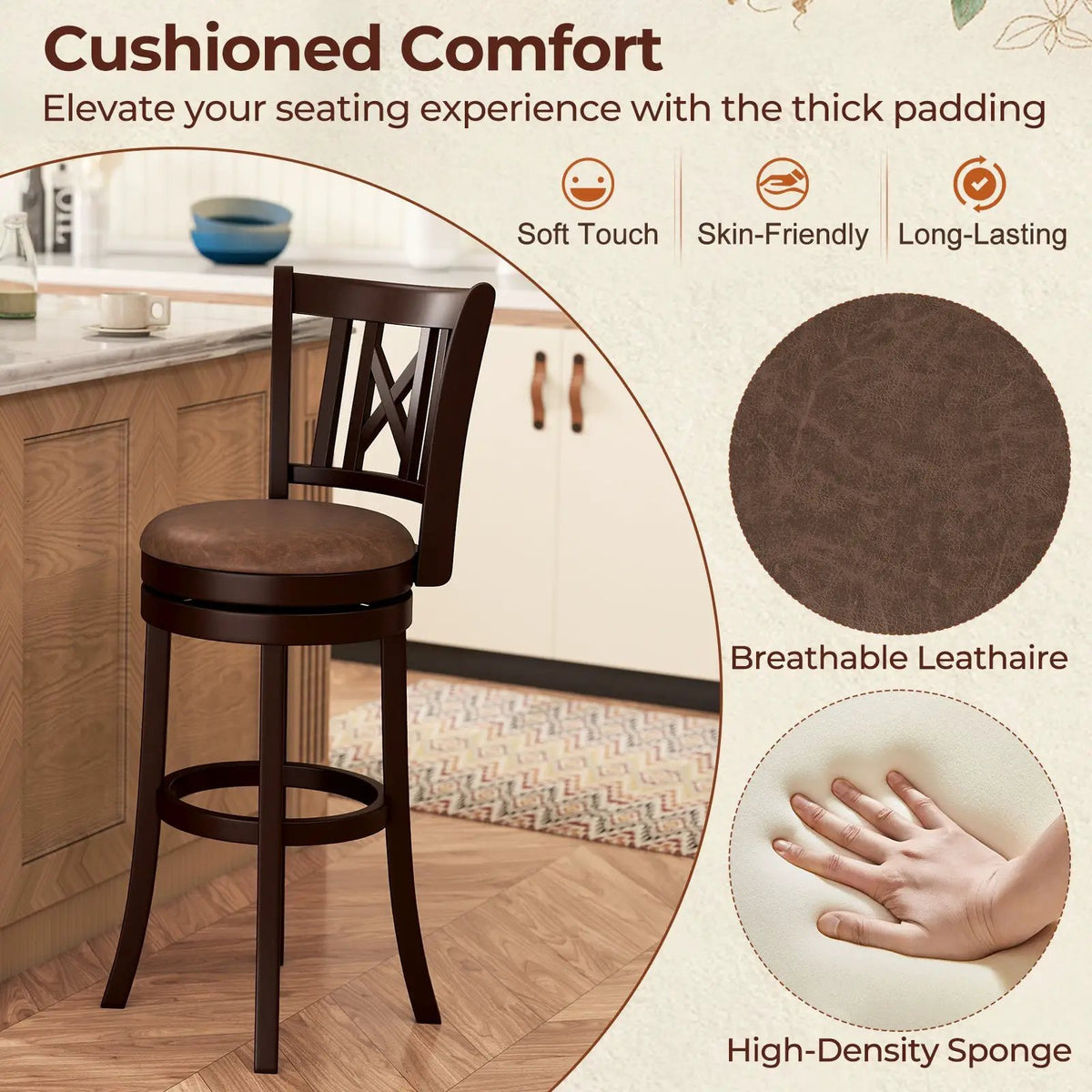 Set of 2 Bar Stools Swivel Bar Chairs with Footrest and Hollowed Backrest, photo 14 of 16