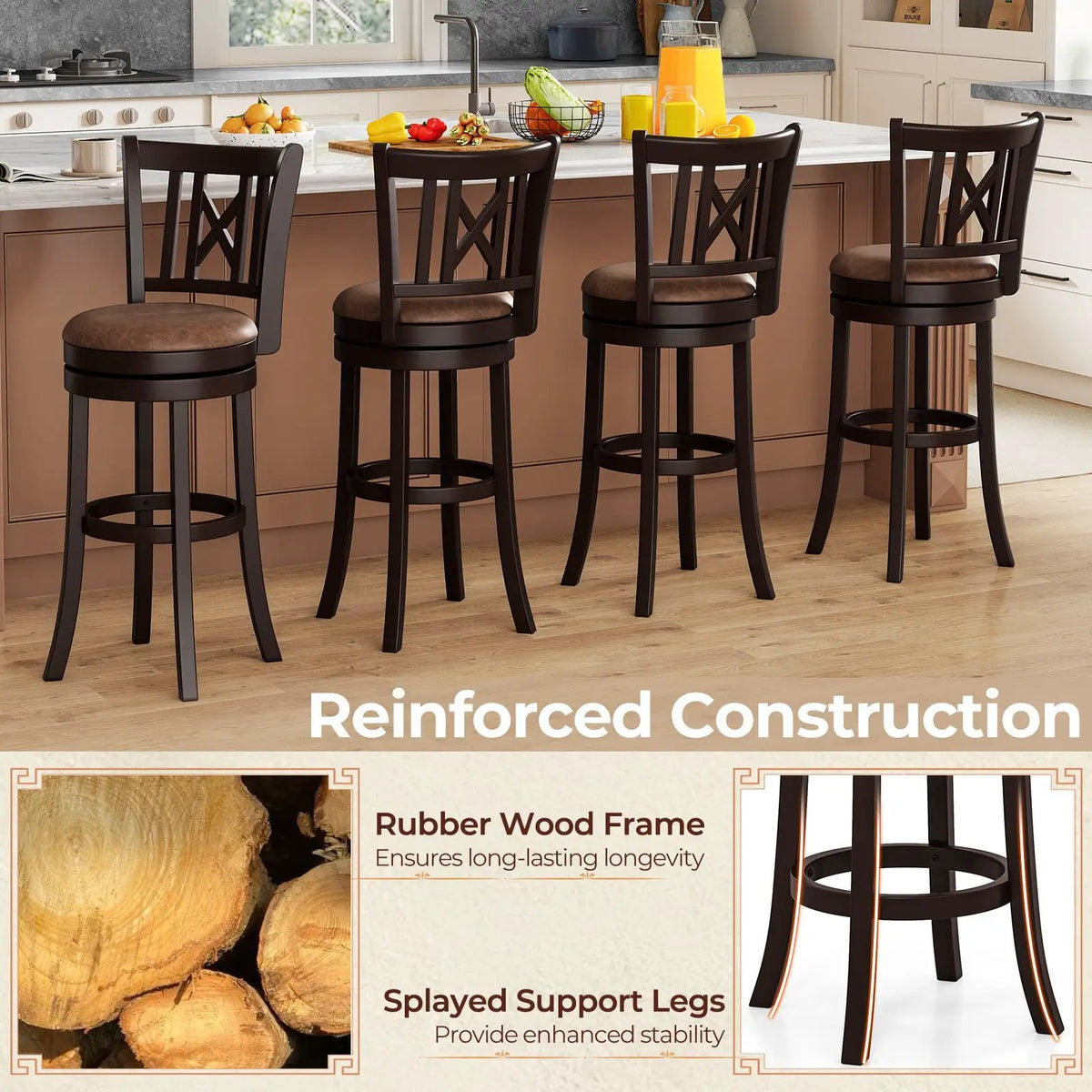 Set of 2 Bar Stools Swivel Bar Chairs with Footrest and Hollowed Backrest, photo 16 of 16