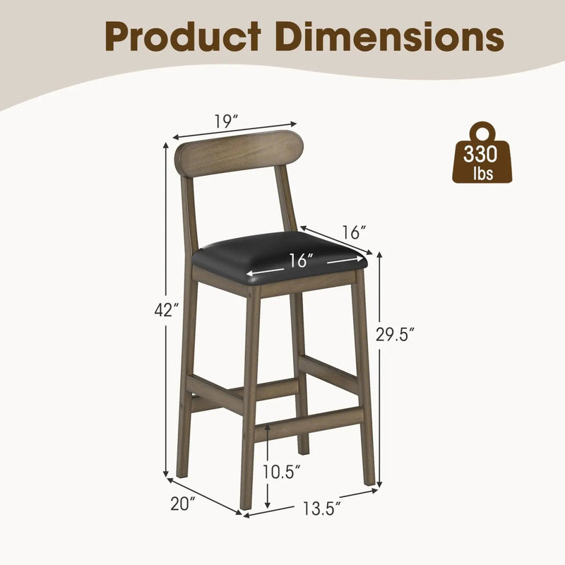 Set of 2 Bar Stools Upholstered with Rubber Wood Legs and Footrests-Oak by DirectDeals