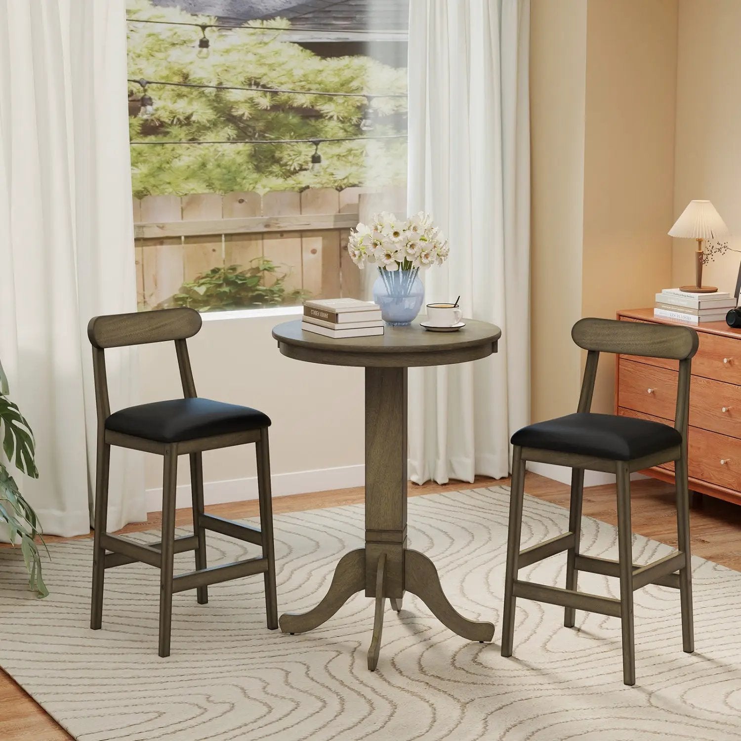 Set of 2 Bar Stools Upholstered with Rubber Wood Legs and Footrests-Oak by DirectDeals
