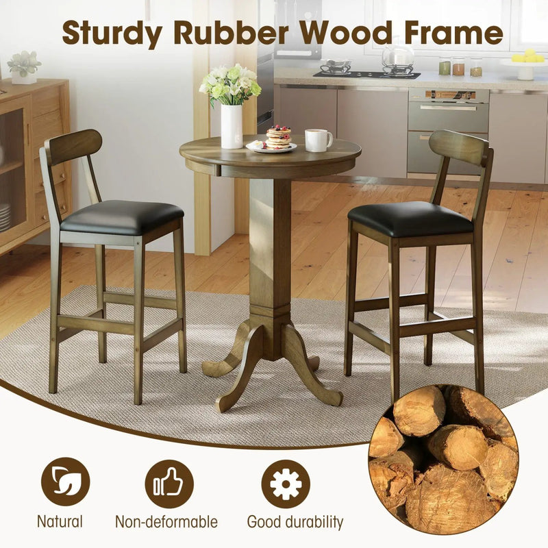 Set of 2 Bar Stools Upholstered with Rubber Wood Legs and Footrests-Oak by DirectDeals