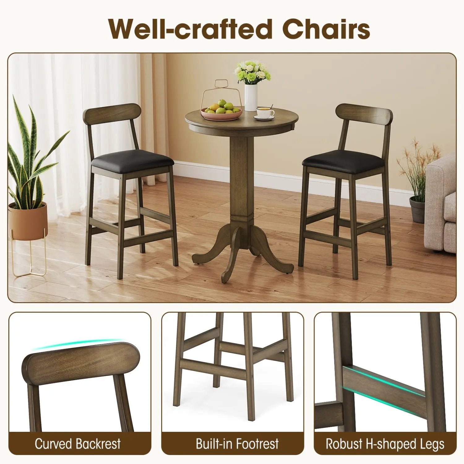Set of 2 Bar Stools Upholstered with Rubber Wood Legs and Footrests-Oak by DirectDeals