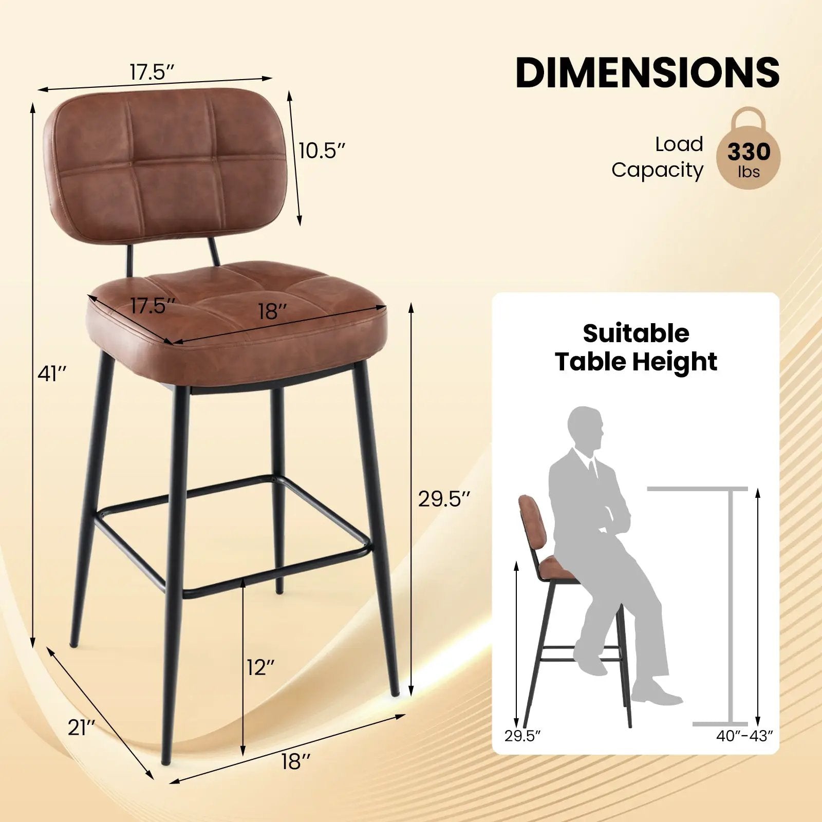 Set of 2 Bar Stools with Padded Seat and Footrest for Kitchen Island-Brown and Black by DirectDeals