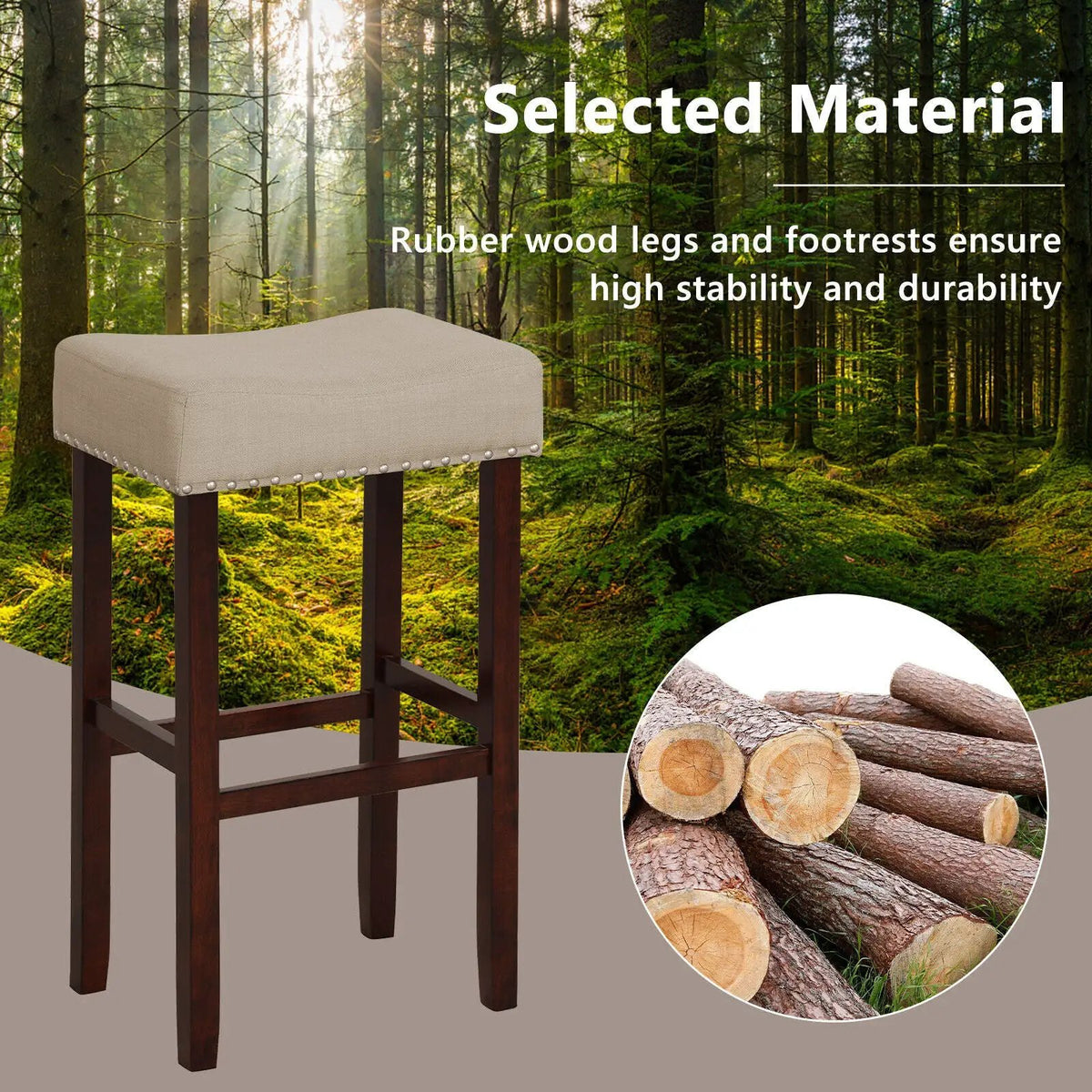 29 Inch Set of 2 Height Upholstered Bar Stool with Solid Rubber Wood Legs and Footrest-Gray, photo 7 of 9
