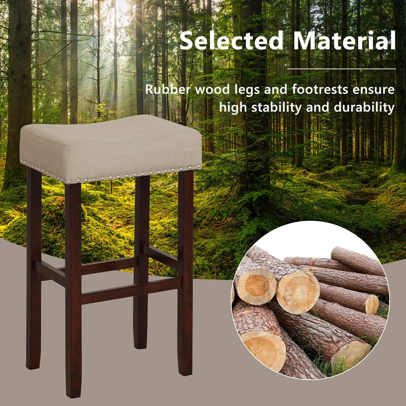 29 Inch Set of 2 Height Upholstered Bar Stool with Solid Rubber Wood Legs and Footrest-Gray by DirectDeals