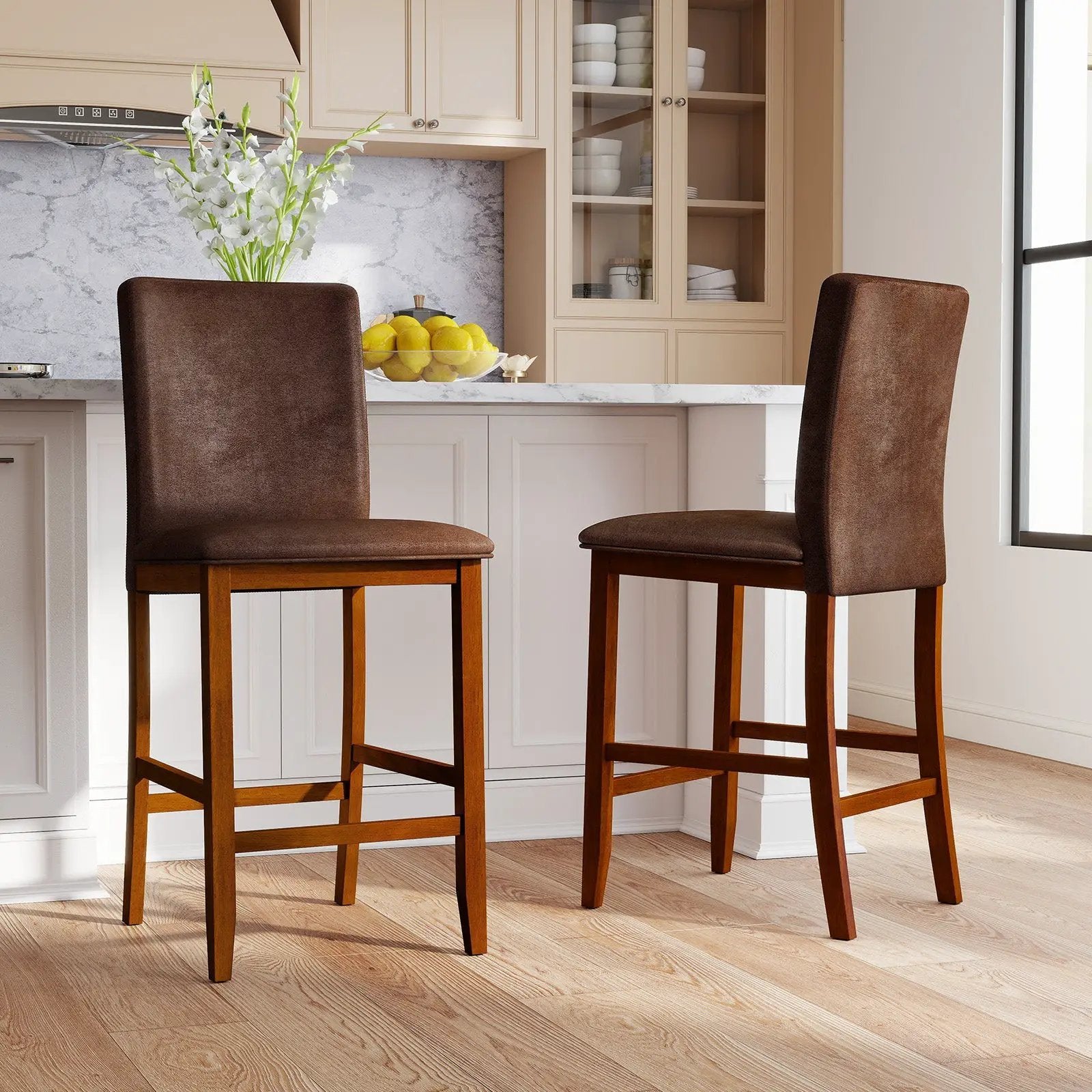 Set of 2 Counter Barstools with Rubberwood Legs and Upholstered Seat-Walnut by DirectDeals