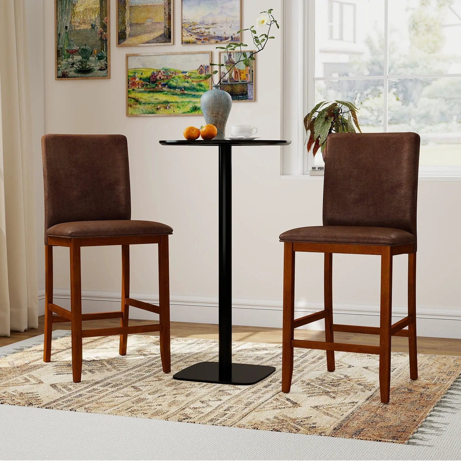 Set of 2 Counter Barstools with Rubberwood Legs and Upholstered Seat-Walnut by DirectDeals