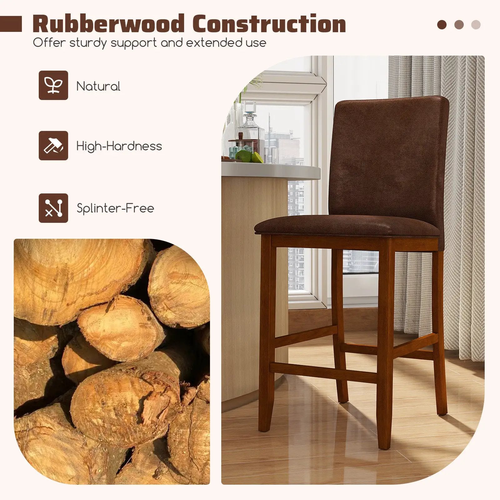 Set of 2 Counter Barstools with Rubberwood Legs and Upholstered Seat-Walnut by DirectDeals