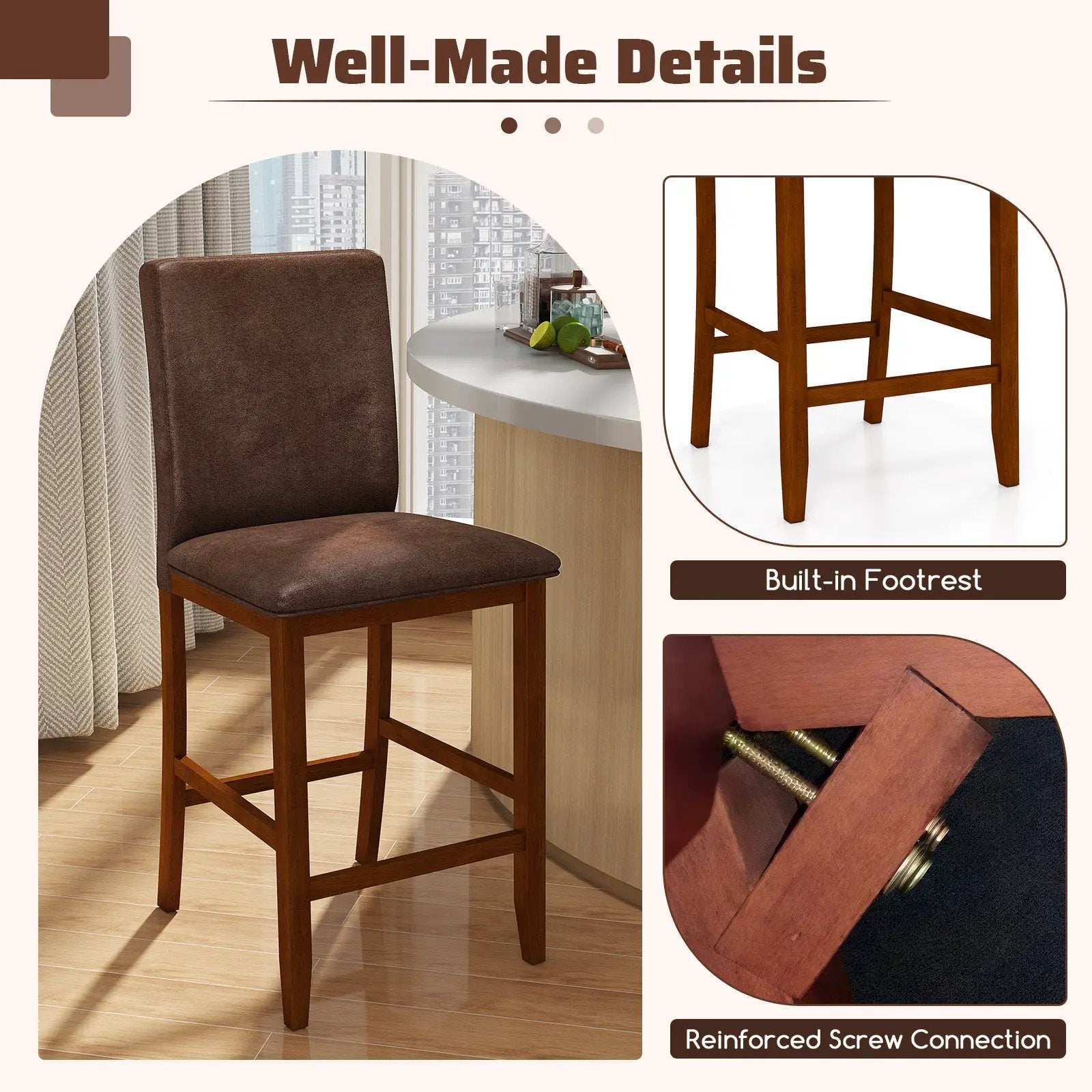 Set of 2 Counter Barstools with Rubberwood Legs and Upholstered Seat-Walnut by DirectDeals