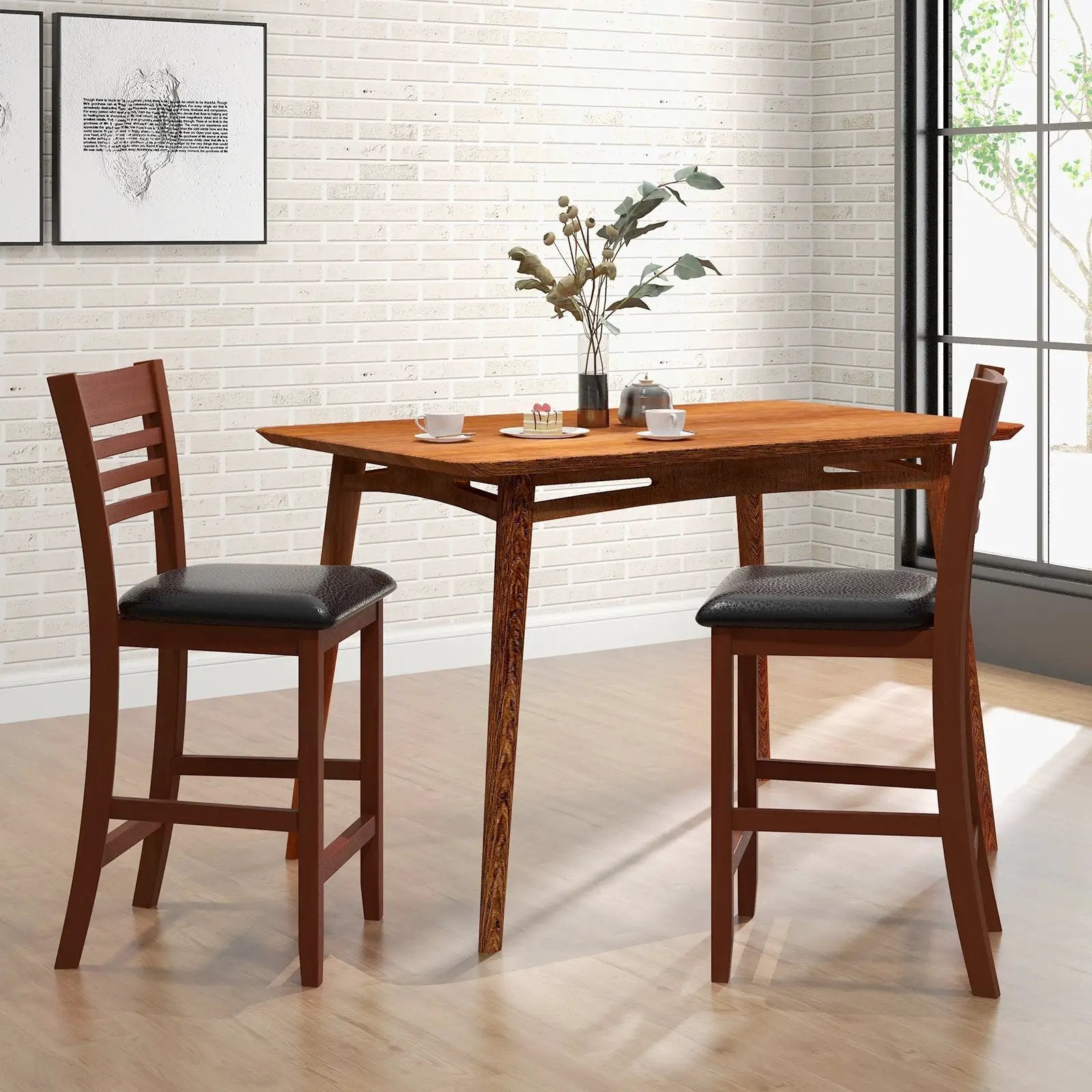 Set of 2 Counter Height Bar Chair Kitchen Island Stool with Backrest and Footrest-Walnut by DirectDeals