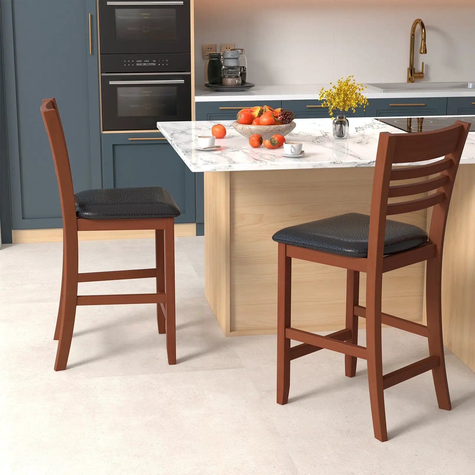 Set of 2 Counter Height Bar Chair Kitchen Island Stool with Backrest and Footrest-Walnut by DirectDeals