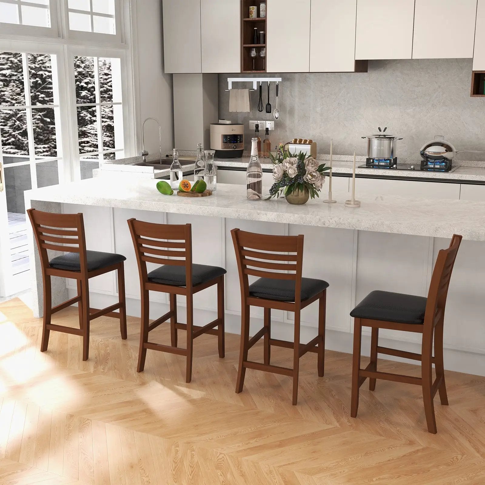 Set of 2 Counter Height Bar Chair Kitchen Island Stool with Backrest and Footrest-Walnut by DirectDeals