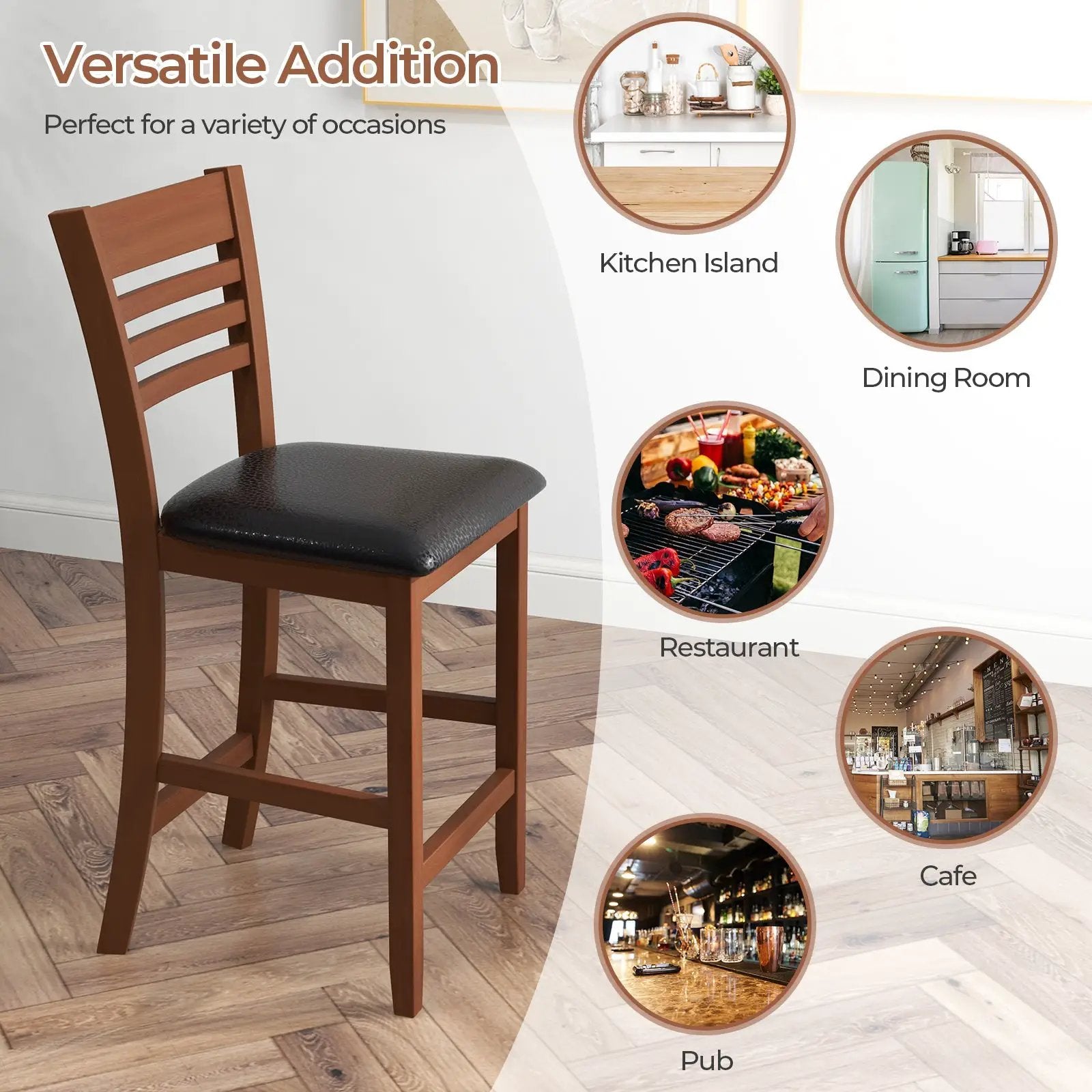 Set of 2 Counter Height Bar Chair Kitchen Island Stool with Backrest and Footrest-Walnut by DirectDeals
