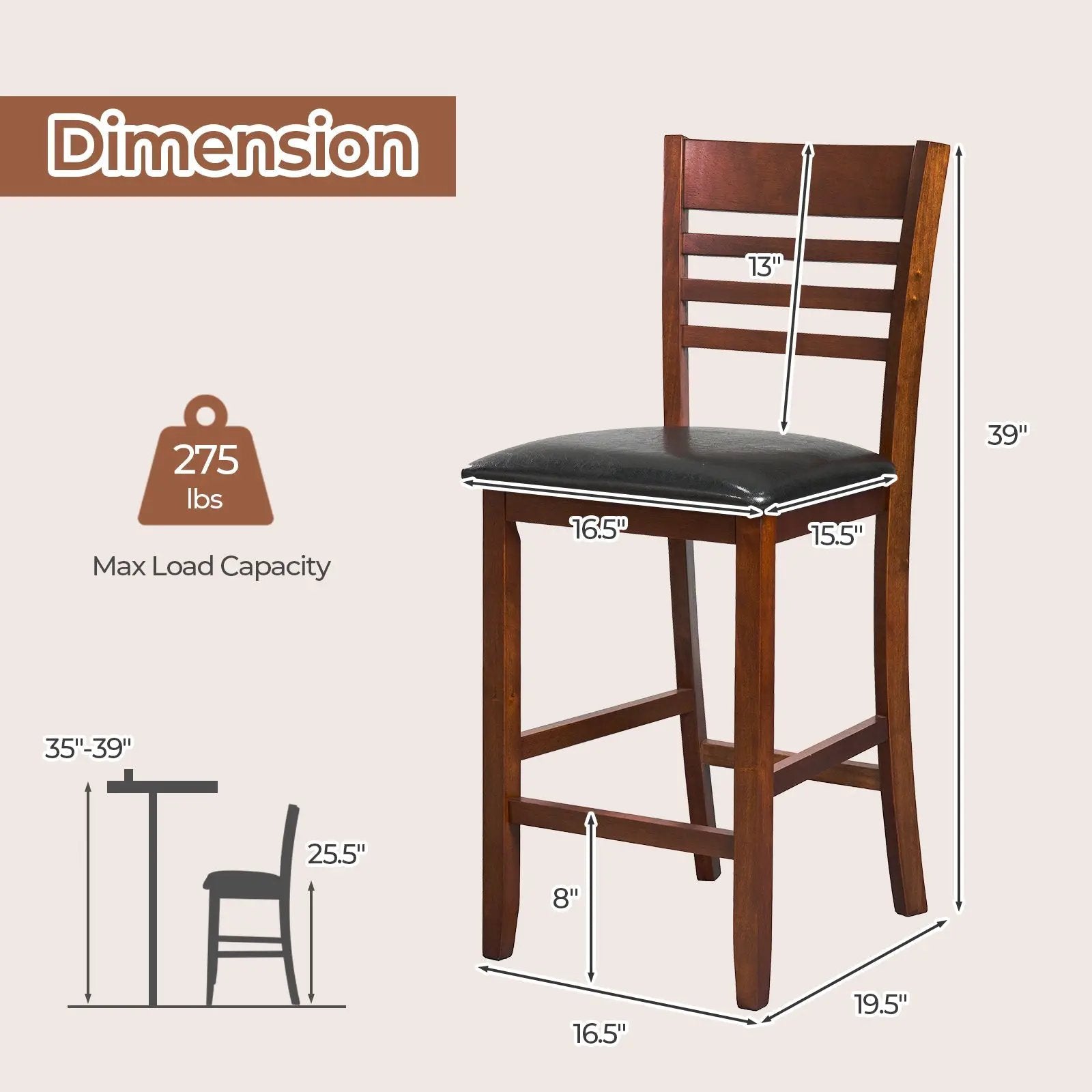 Set of 2 Counter Height Bar Chair Kitchen Island Stool with Backrest and Footrest-Walnut by DirectDeals