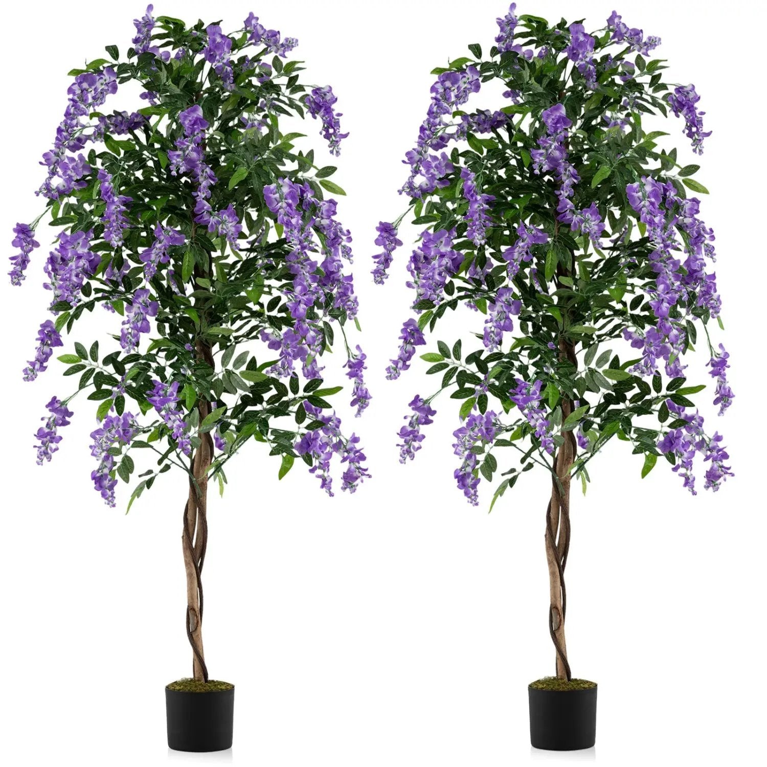 Set of 2 Fake Ficus Plant 6 FT Artificial Wisteria Tree with Natural Trunks and Purple Lifelike Flowers by DirectDeals