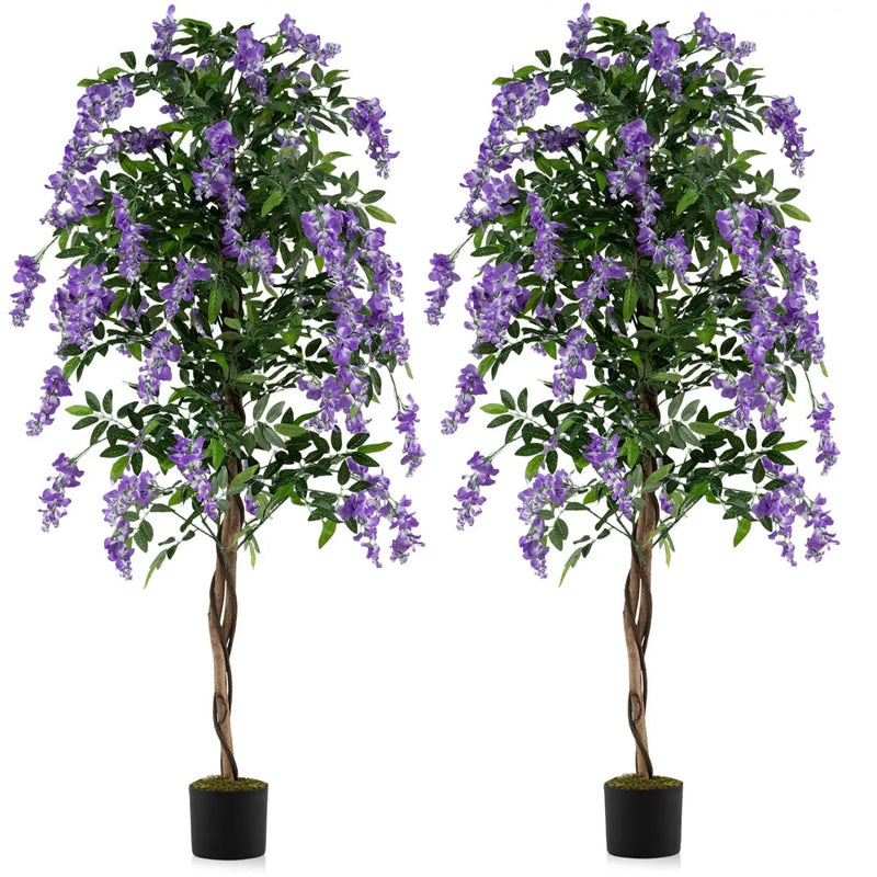 Set of 2 Fake Ficus Plant 6 FT Artificial Wisteria Tree with Natural Trunks and Purple Lifelike Flowers by DirectDeals