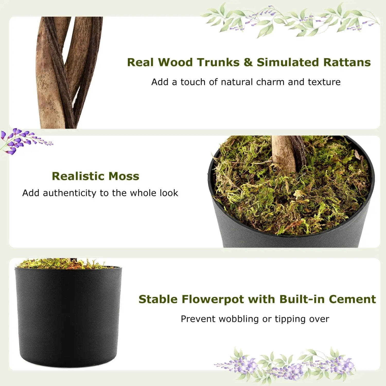 Set of 2 Fake Ficus Plant 6 FT Artificial Wisteria Tree with Natural Trunks and Purple Lifelike Flowers by DirectDeals