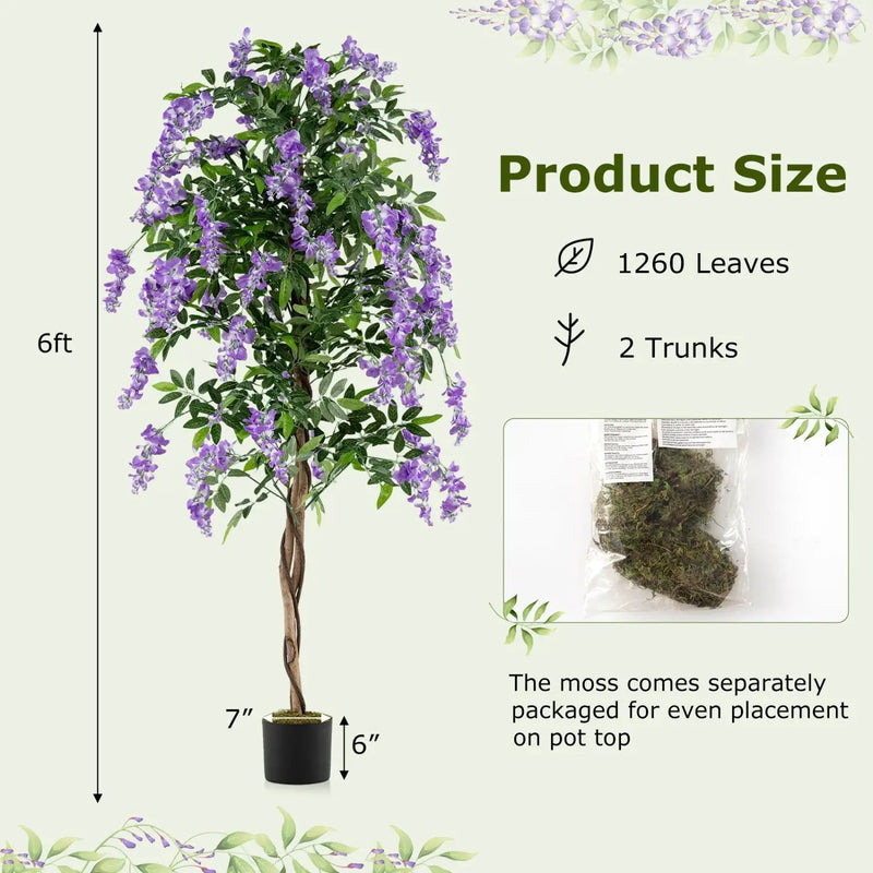 Set of 2 Fake Ficus Plant 6 FT Artificial Wisteria Tree with Natural Trunks and Purple Lifelike Flowers by DirectDeals