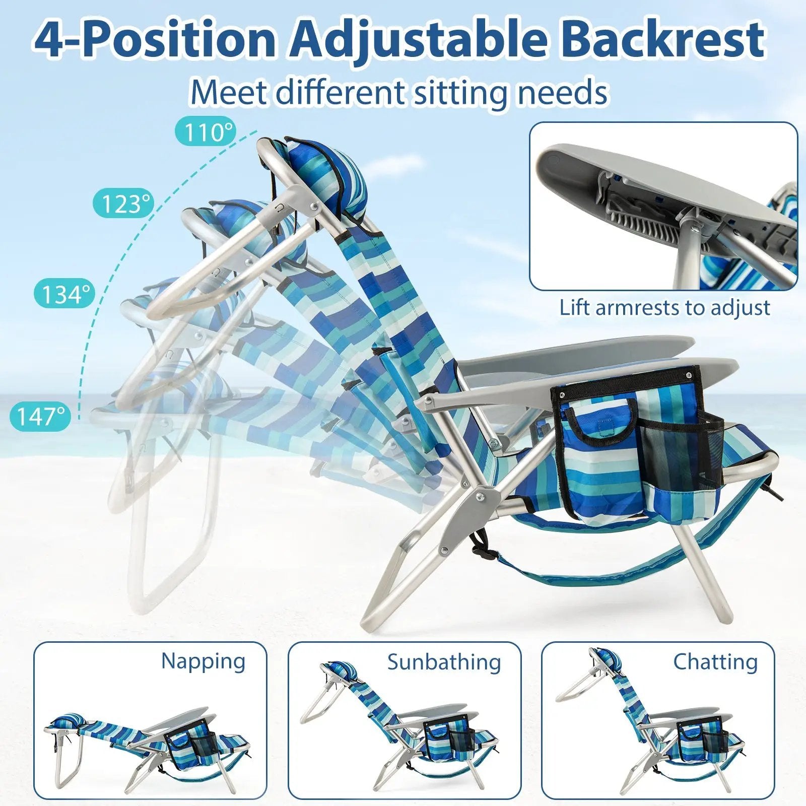 Folding Beach Chair with 4-Position Adjustable Backrest by DirectDeals