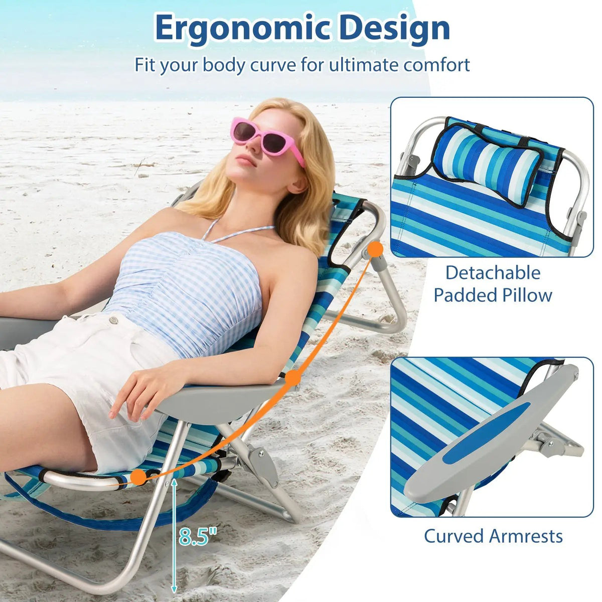 Folding Beach Chair with 4-Position Adjustable Backrest, photo 16 of 16