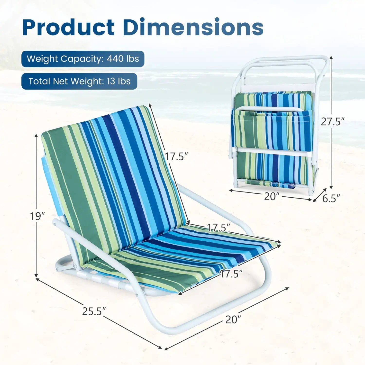 Folding Beach Chairs Set of 2 with Padded Seat by DirectDeals