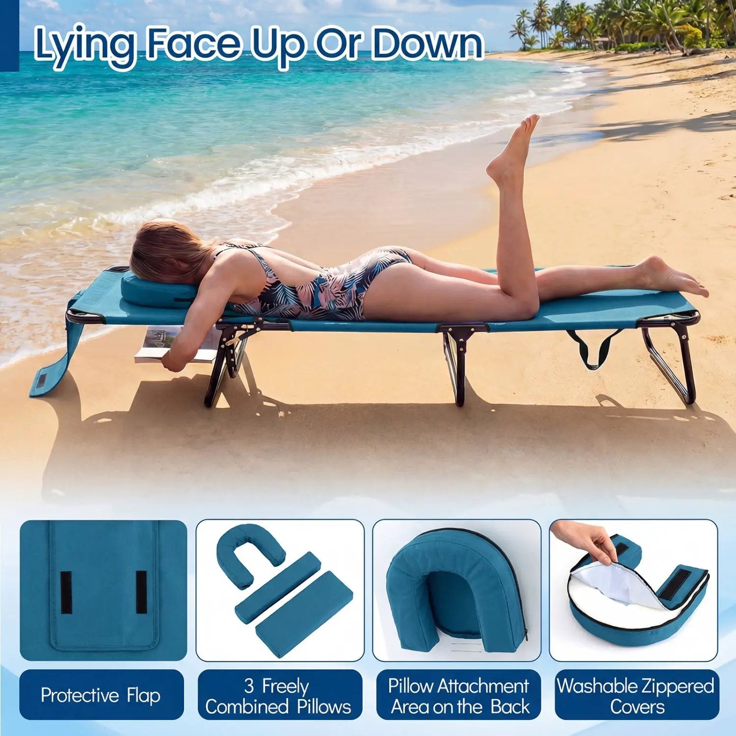 Set of 2 Folding Face Down Tanning Chair with Face Hole 3 Removable Pillows by DirectDeals