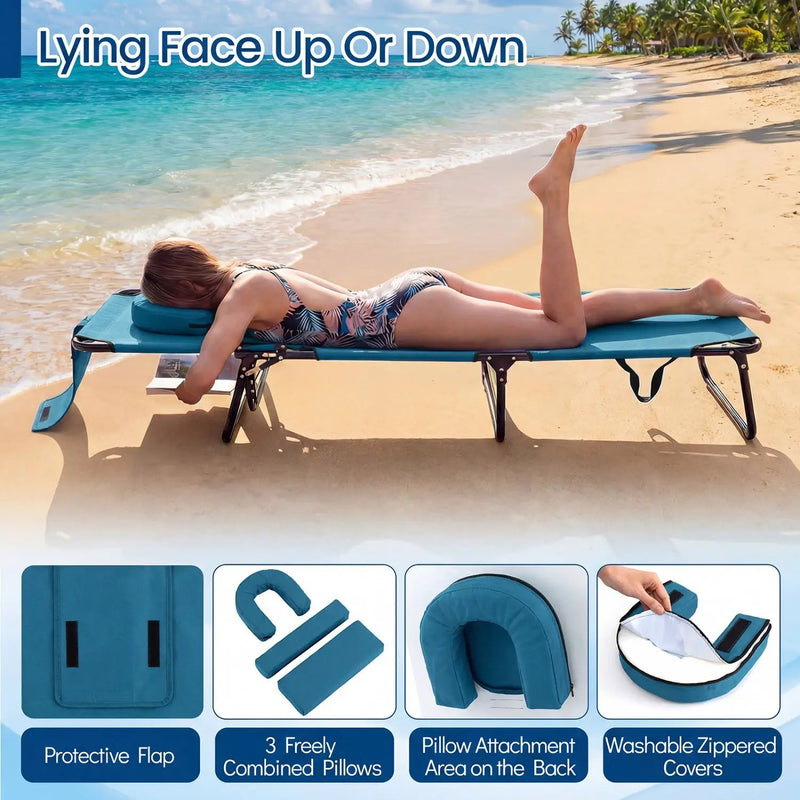 Set of 2 Folding Face Down Tanning Chair with Face Hole 3 Removable Pillows by DirectDeals