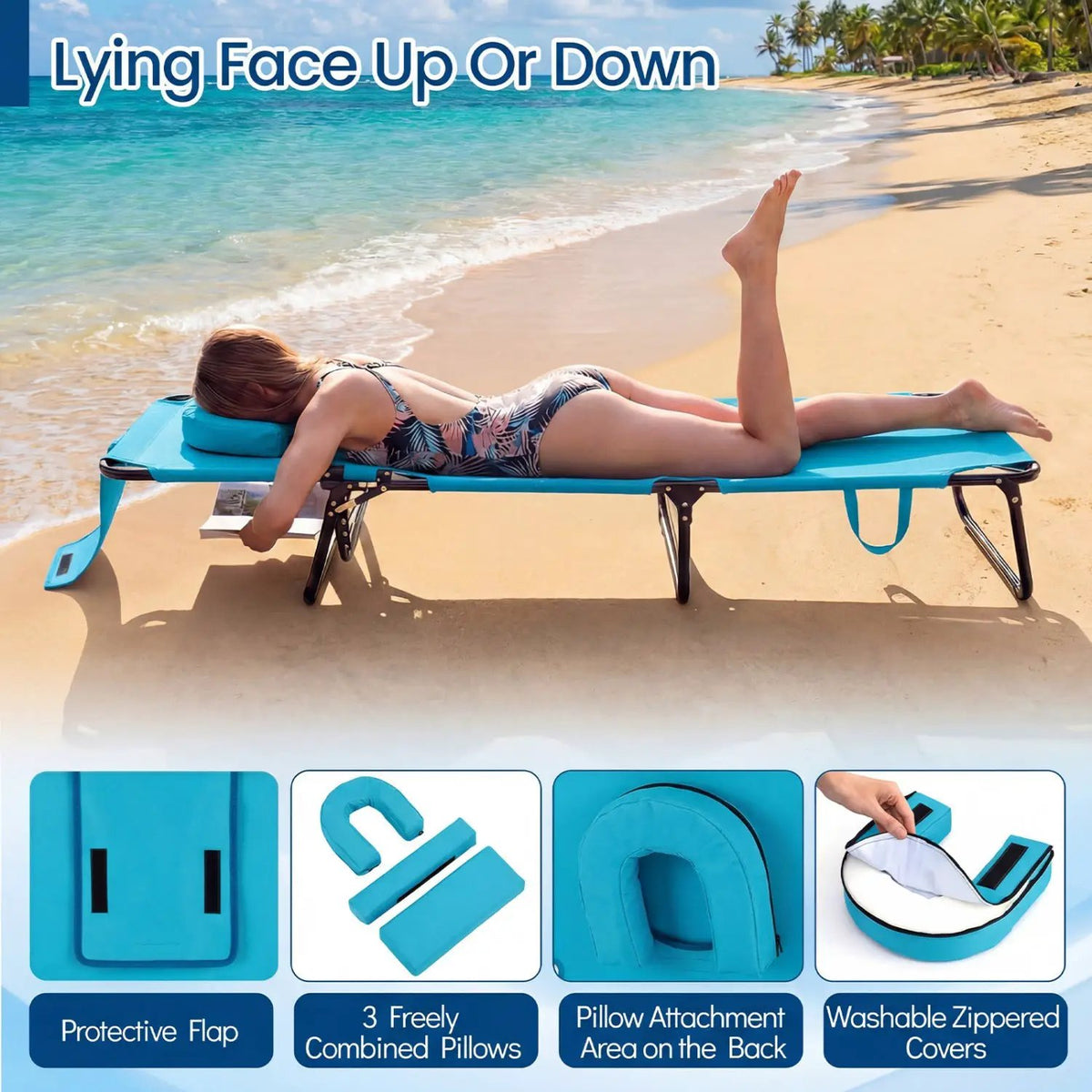 Set of 2 Folding Face Down Tanning Chair with Face Hole 3 Removable Pillows, photo 40 of 50