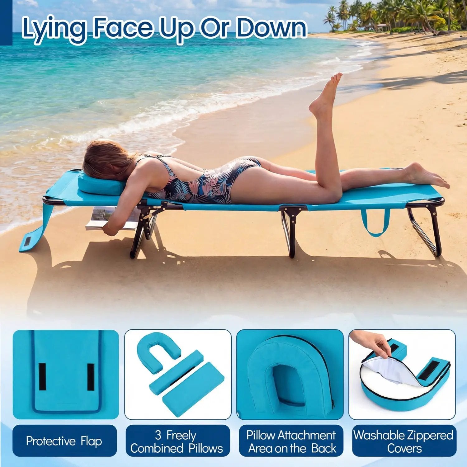Set of 2 Folding Face Down Tanning Chair with Face Hole 3 Removable Pillows by DirectDeals