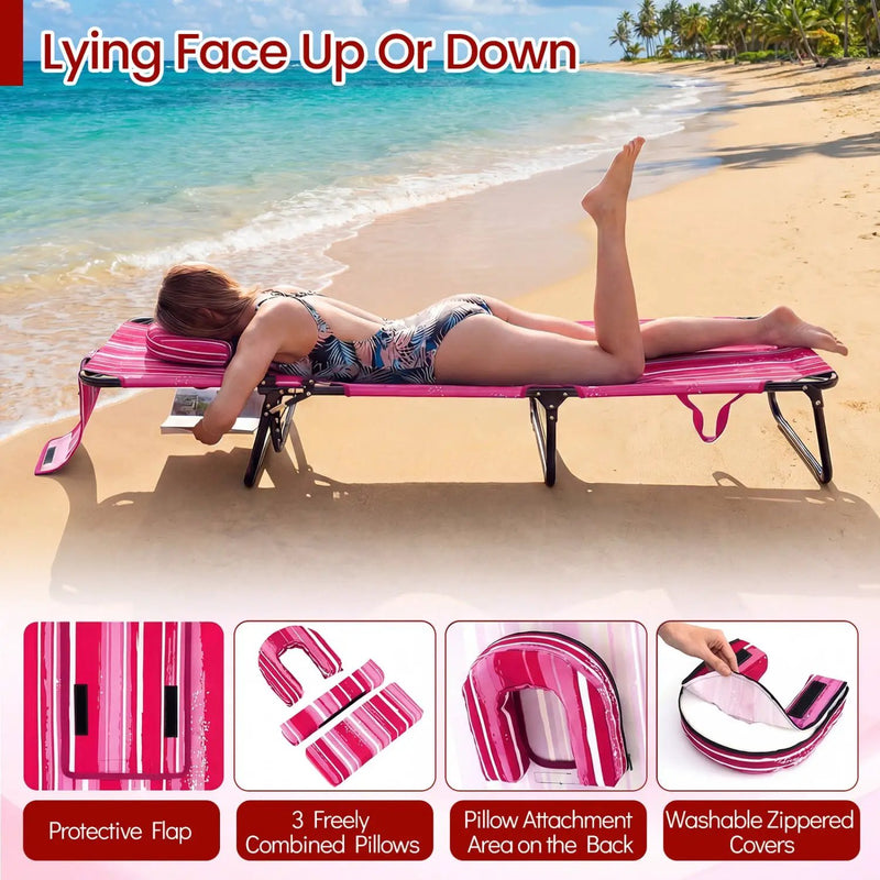 Set of 2 Folding Face Down Tanning Chair with Face Hole 3 Removable Pillows by DirectDeals