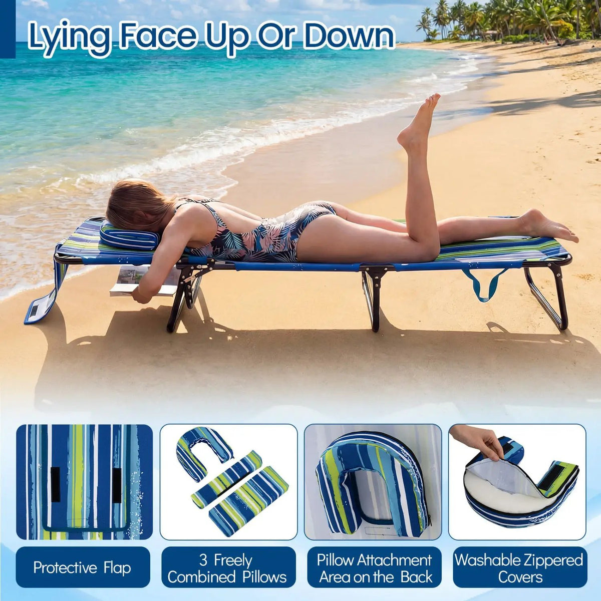 Set of 2 Folding Face Down Tanning Chair with Face Hole 3 Removable Pillows, photo 33 of 50
