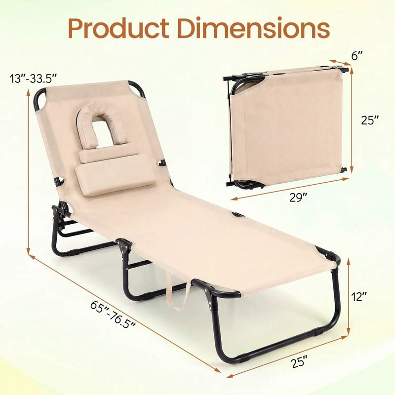 Set of 2 Folding Face Down Tanning Chair with Face Hole 3 Removable Pillows by DirectDeals