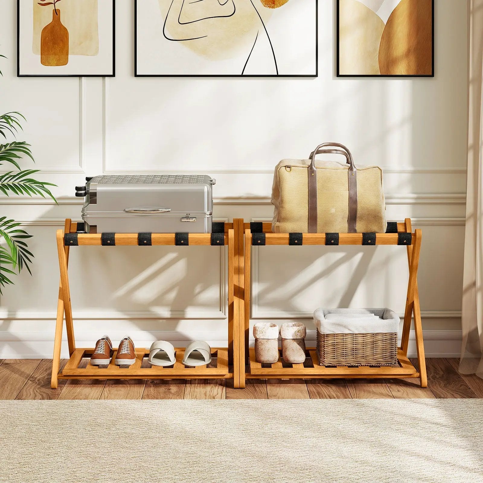 Set of 2 Folding Luggage Racks with 5 Nylon Straps and Slatted Storage Shelf by DirectDeals