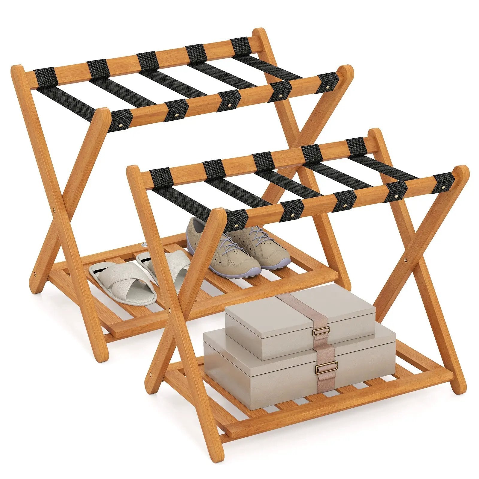 Set of 2 Folding Luggage Racks with 5 Nylon Straps and Slatted Storage Shelf by DirectDeals