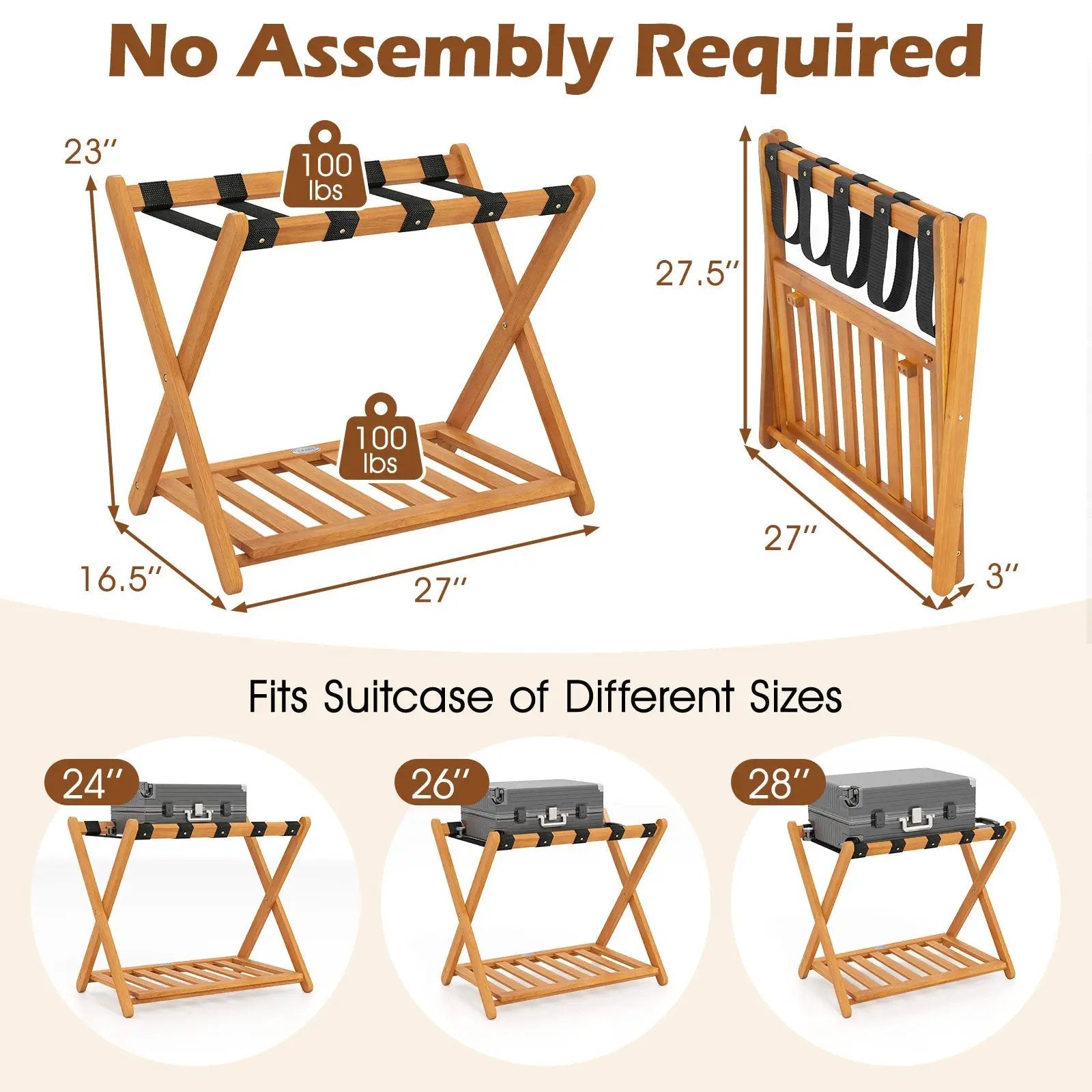 Set of 2 Folding Luggage Racks with 5 Nylon Straps and Slatted Storage Shelf by DirectDeals