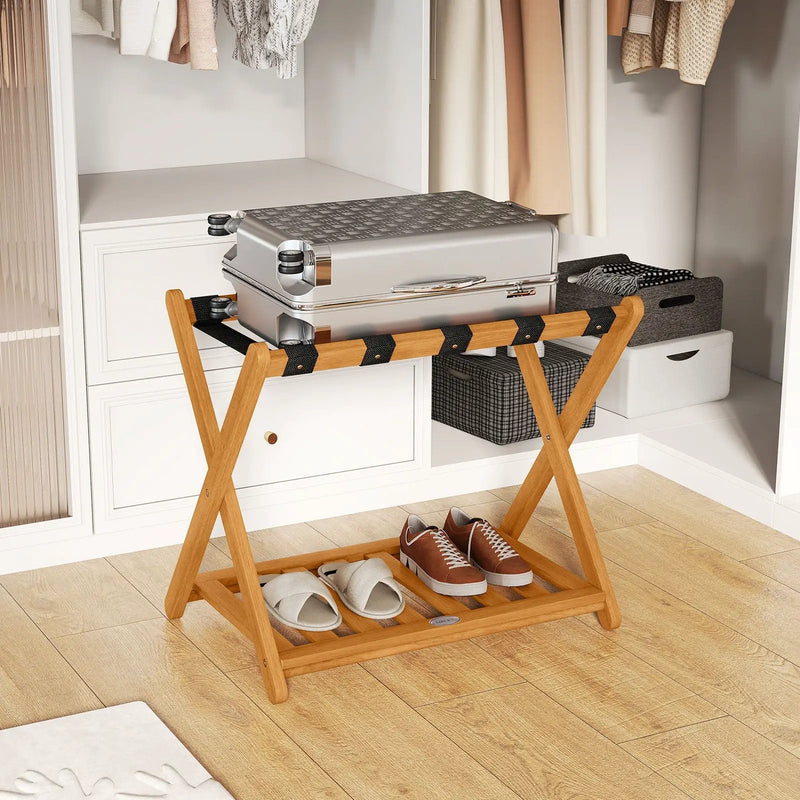 Set of 2 Folding Luggage Racks with 5 Nylon Straps and Slatted Storage Shelf by DirectDeals