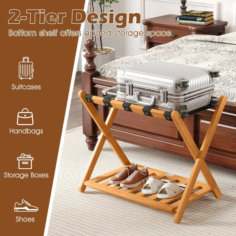 Set of 2 Folding Luggage Racks with 5 Nylon Straps and Slatted Storage Shelf by DirectDeals