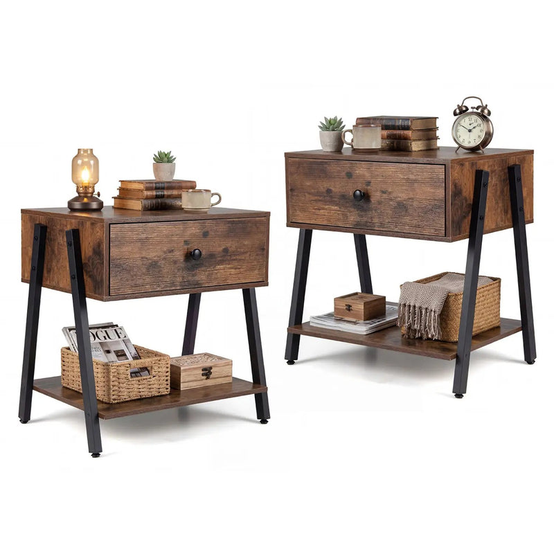 Industrial Nightstand Set of 2 with Drawer and Shelf by DirectDeals