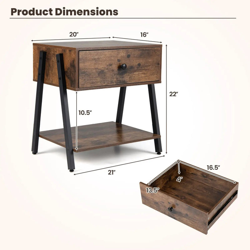 Industrial Nightstand Set of 2 with Drawer and Shelf by DirectDeals