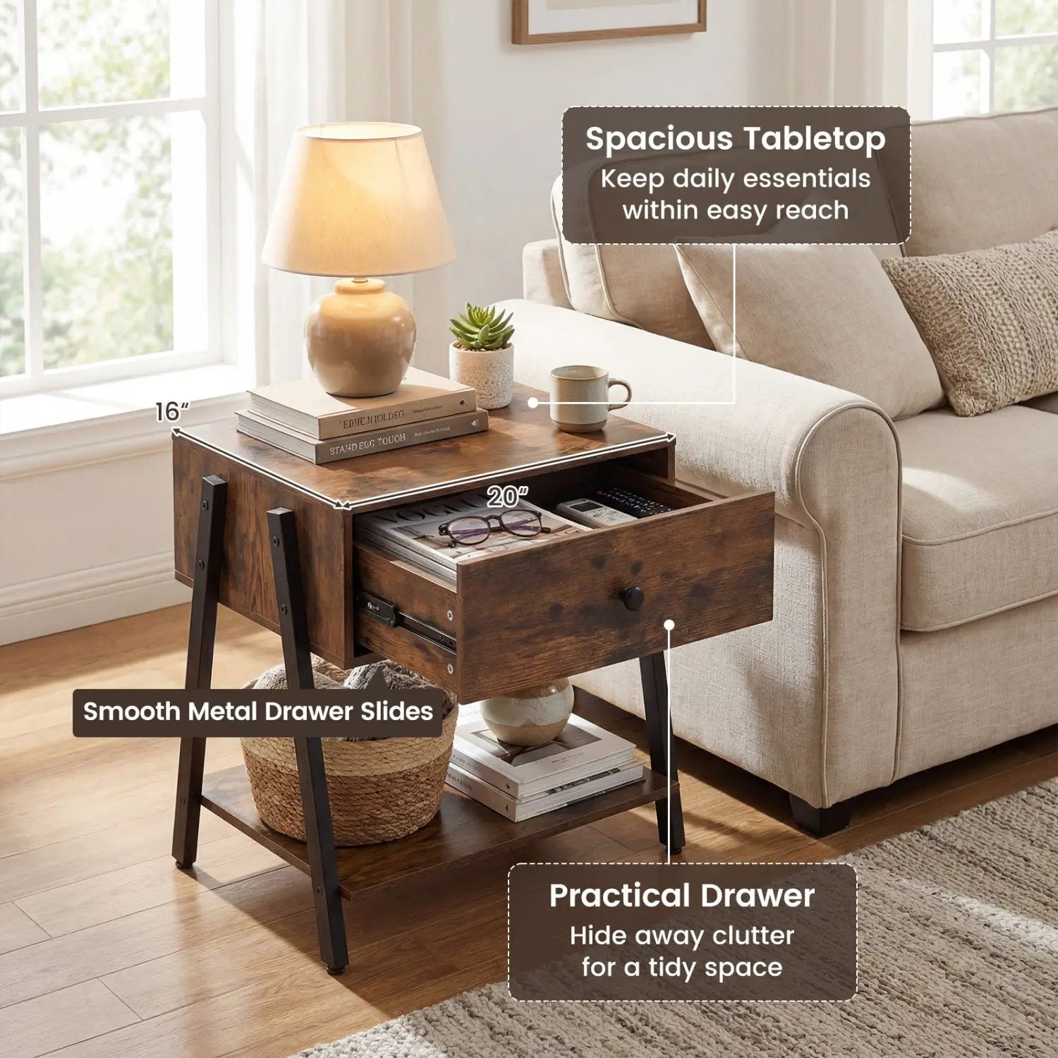 Industrial Nightstand Set of 2 with Drawer and Shelf by DirectDeals